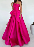 Prom Dress A Line Strapless Satin Gown With Ruffle Peplum For Glamorous Fuchsia Floor Length For Prom Goers