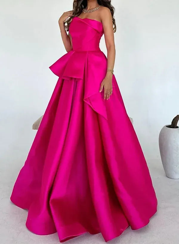 Prom Dress A Line Strapless Satin Gown With Ruffle Peplum For Glamorous Fuchsia Floor Length For Prom Goers