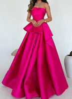 Prom Dress A Line Strapless Satin Gown With Ruffle Peplum For Glamorous Fuchsia Floor Length For Prom Goers