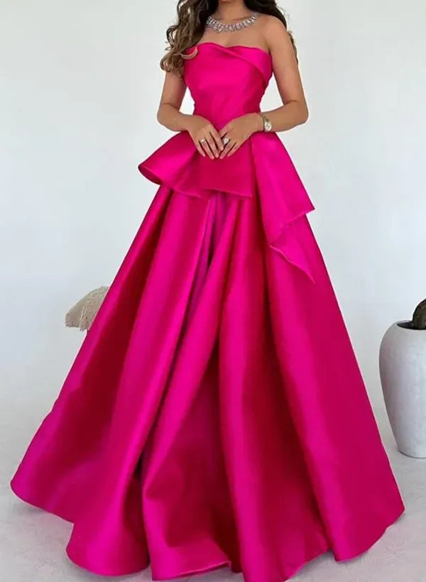 Prom Dress A Line Strapless Satin Gown With Ruffle Peplum For Glamorous Fuchsia Floor Length For Prom Goers
