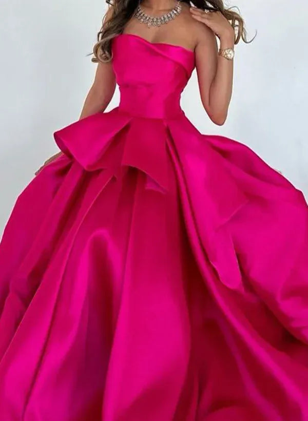 Prom Dress A Line Strapless Satin Gown With Ruffle Peplum For Glamorous Fuchsia Floor Length For Prom Goers