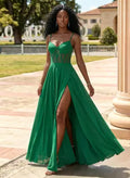 Glamorous Green A Line Prom Dress For Prom Night With Sweetheart Corset Bodice Sheer Lace Up Back Floor Length Slit