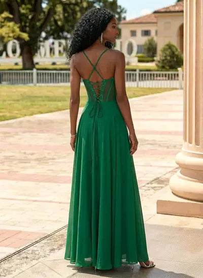Glamorous Green A Line Prom Dress For Prom Night With Sweetheart Corset Bodice Sheer Lace Up Back Floor Length Slit