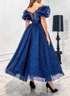 Navy Glitter Tulle A Line Prom Dress With Corset Bodice Short Sleeves And Sweetheart Neckline For Prom Night