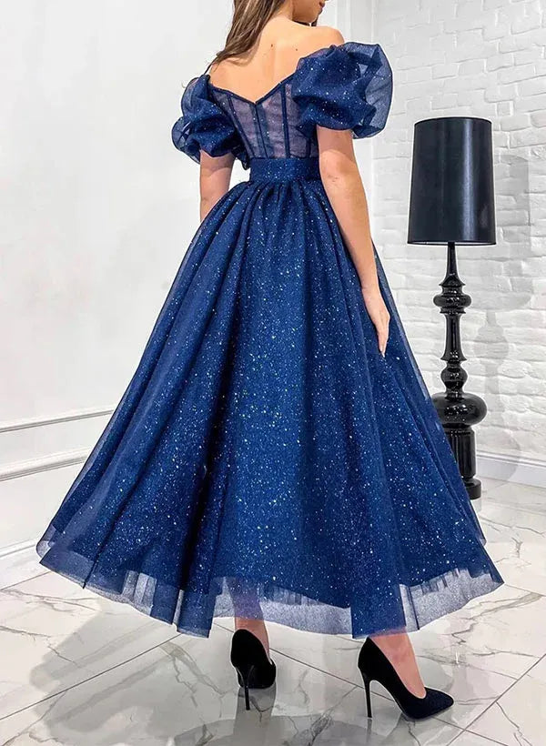 Navy Glitter Tulle A Line Prom Dress With Corset Bodice Short Sleeves And Sweetheart Neckline For Prom Night