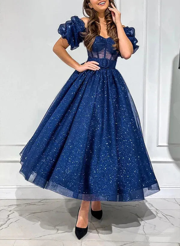 Navy Glitter Tulle A Line Prom Dress With Corset Bodice Short Sleeves And Sweetheart Neckline For Prom Night