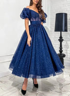 Navy Glitter Tulle A Line Prom Dress With Corset Bodice Short Sleeves And Sweetheart Neckline For Prom Night