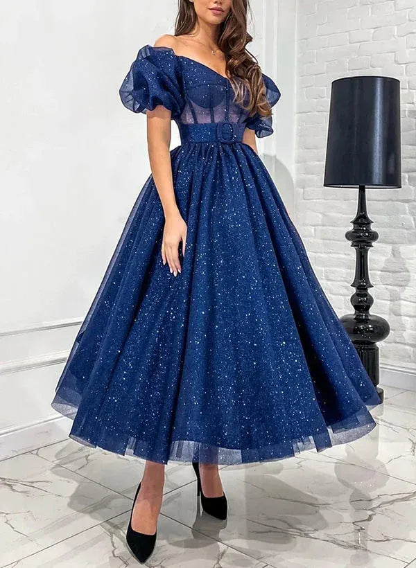 Navy Glitter Tulle A Line Prom Dress With Corset Bodice Short Sleeves And Sweetheart Neckline For Prom Night