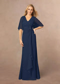 Navy Dress Dark A-Line V-Neck Dress Floor-Length Flutter Sleeve Back Zip Pleated Mother of the Bride Dress