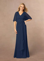 Navy Dress Dark A-Line V-Neck Dress Floor-Length Flutter Sleeve Back Zip Pleated Mother of the Bride Dress