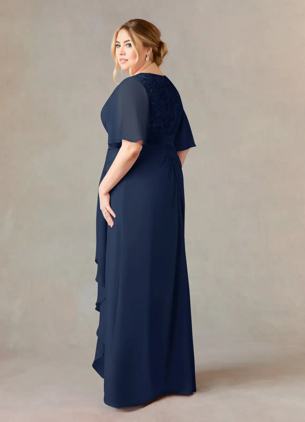 Navy Dress Dark A-Line V-Neck Dress Floor-Length Flutter Sleeve Back Zip Pleated Plus Size Mother of the Bride Dress