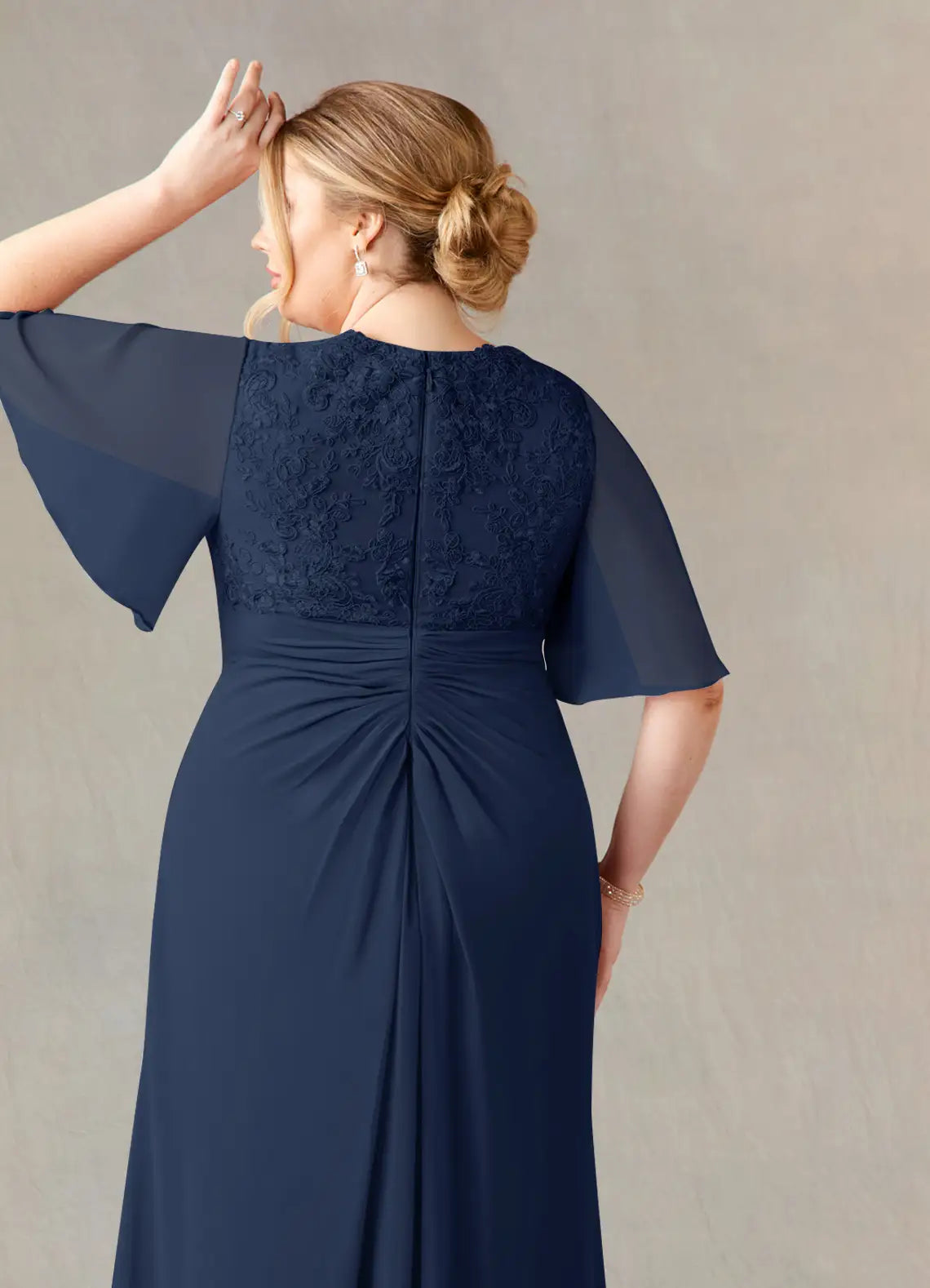 Navy Dress Dark A-Line V-Neck Dress Floor-Length Flutter Sleeve Back Zip Pleated Plus Size Mother of the Bride Dress