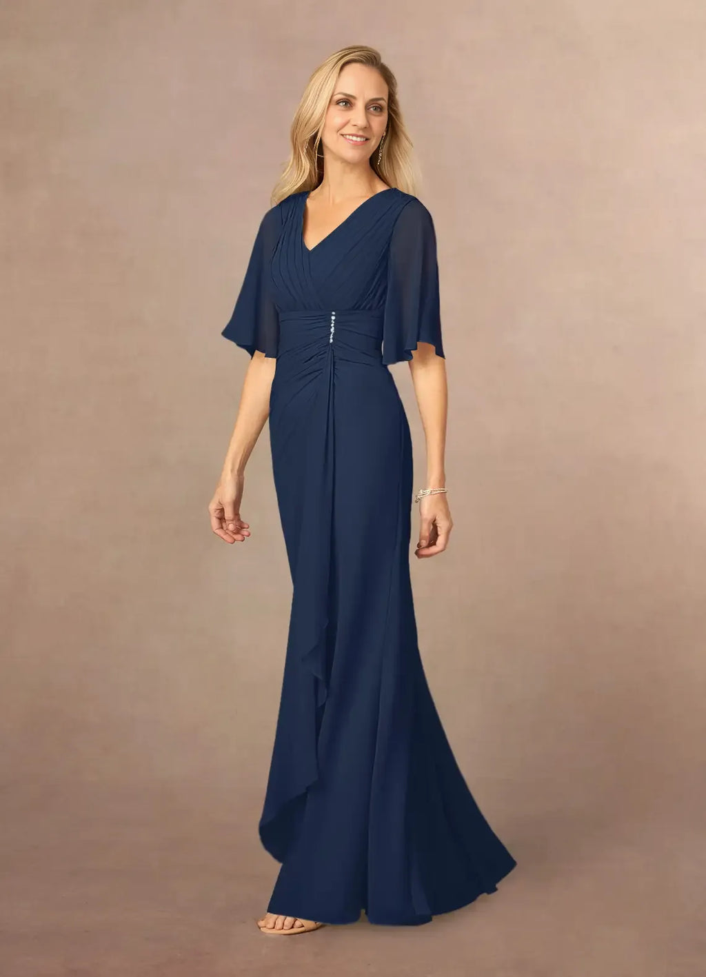 Navy Dress Dark A-Line V-Neck Dress Floor-Length Flutter Sleeve Back Zip Pleated Mother of the Bride Dress