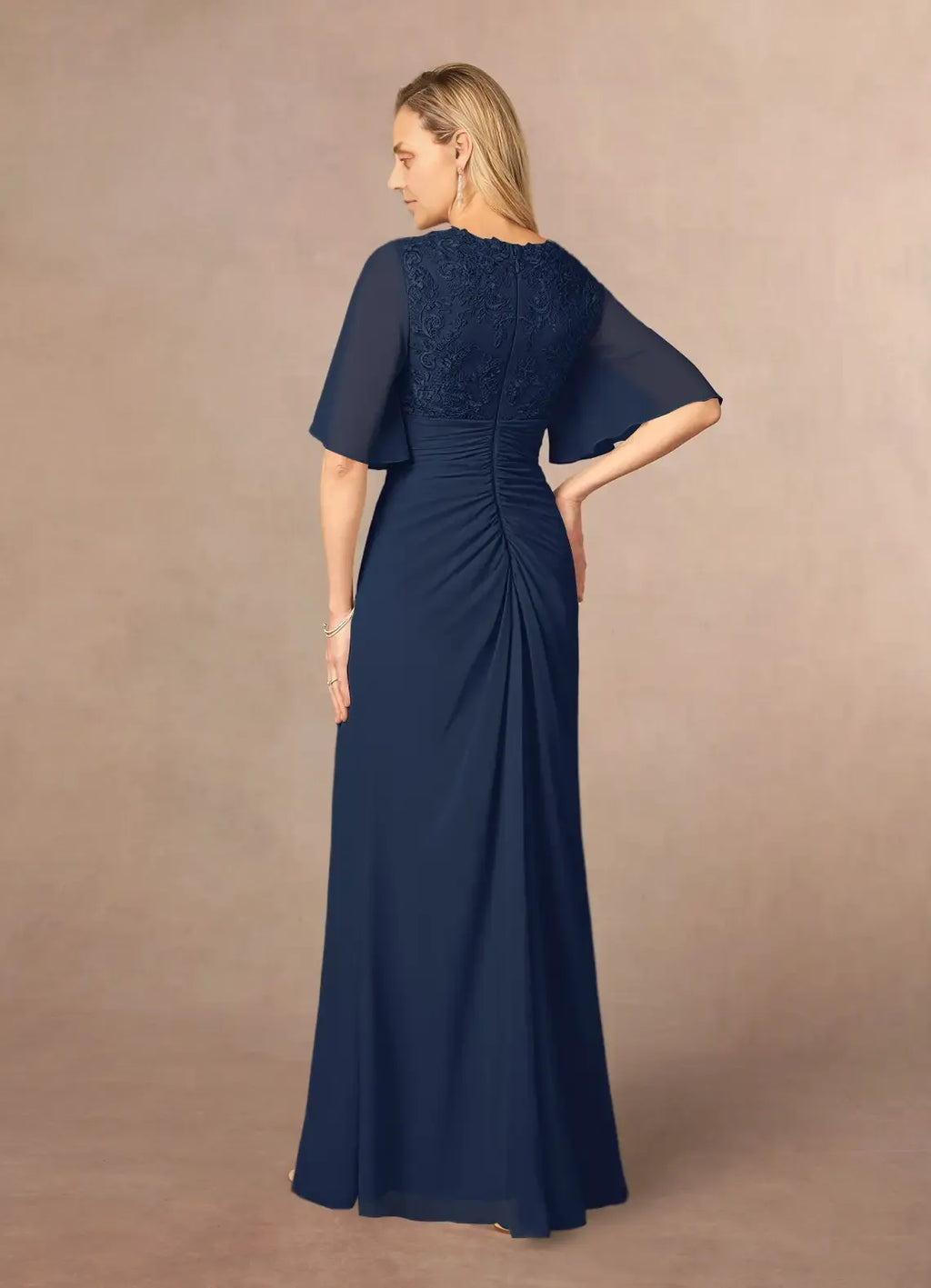 Navy Dress Dark A-Line V-Neck Dress Floor-Length Flutter Sleeve Back Zip Pleated Mother of the Bride Dress