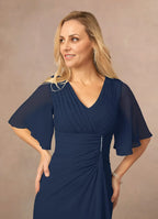Navy Dress Dark A-Line V-Neck Dress Floor-Length Flutter Sleeve Back Zip Pleated Mother of the Bride Dress
