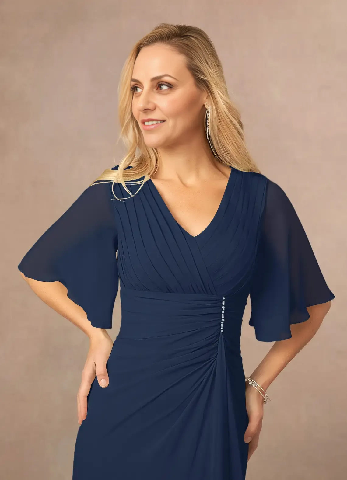 Navy Dress Dark A-Line V-Neck Dress Floor-Length Flutter Sleeve Back Zip Pleated Mother of the Bride Dress