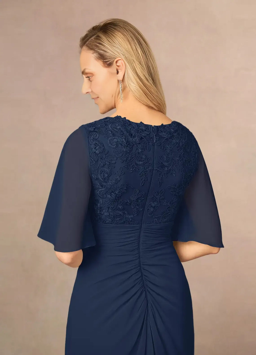 Navy Dress Dark A-Line V-Neck Dress Floor-Length Flutter Sleeve Back Zip Pleated Mother of the Bride Dress