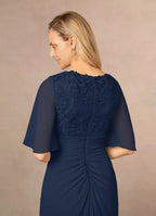 Navy Dress Dark A-Line V-Neck Dress Floor-Length Flutter Sleeve Back Zip Pleated Mother of the Bride Dress