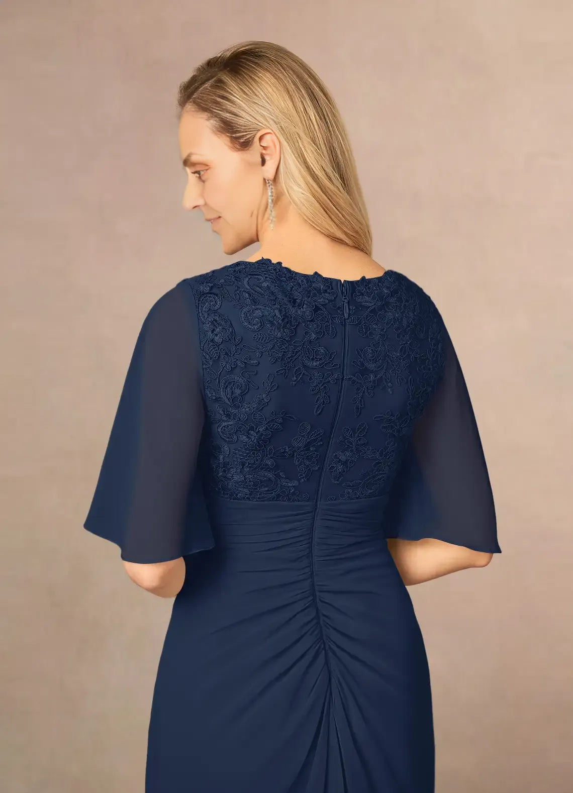 Navy Dress Dark A-Line V-Neck Dress Floor-Length Flutter Sleeve Back Zip Pleated Mother of the Bride Dress