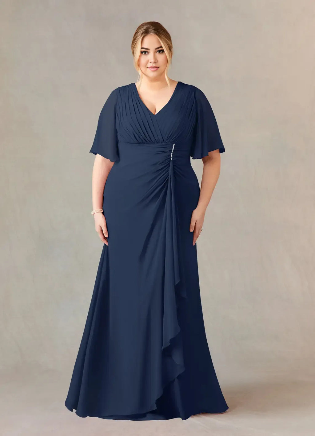 Navy Dress Dark A-Line V-Neck Dress Floor-Length Flutter Sleeve Back Zip Pleated Plus Size Mother of the Bride Dress