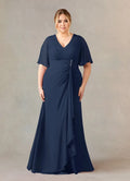 Navy Dress Dark A-Line V-Neck Dress Floor-Length Flutter Sleeve Back Zip Pleated Plus Size Mother of the Bride Dress