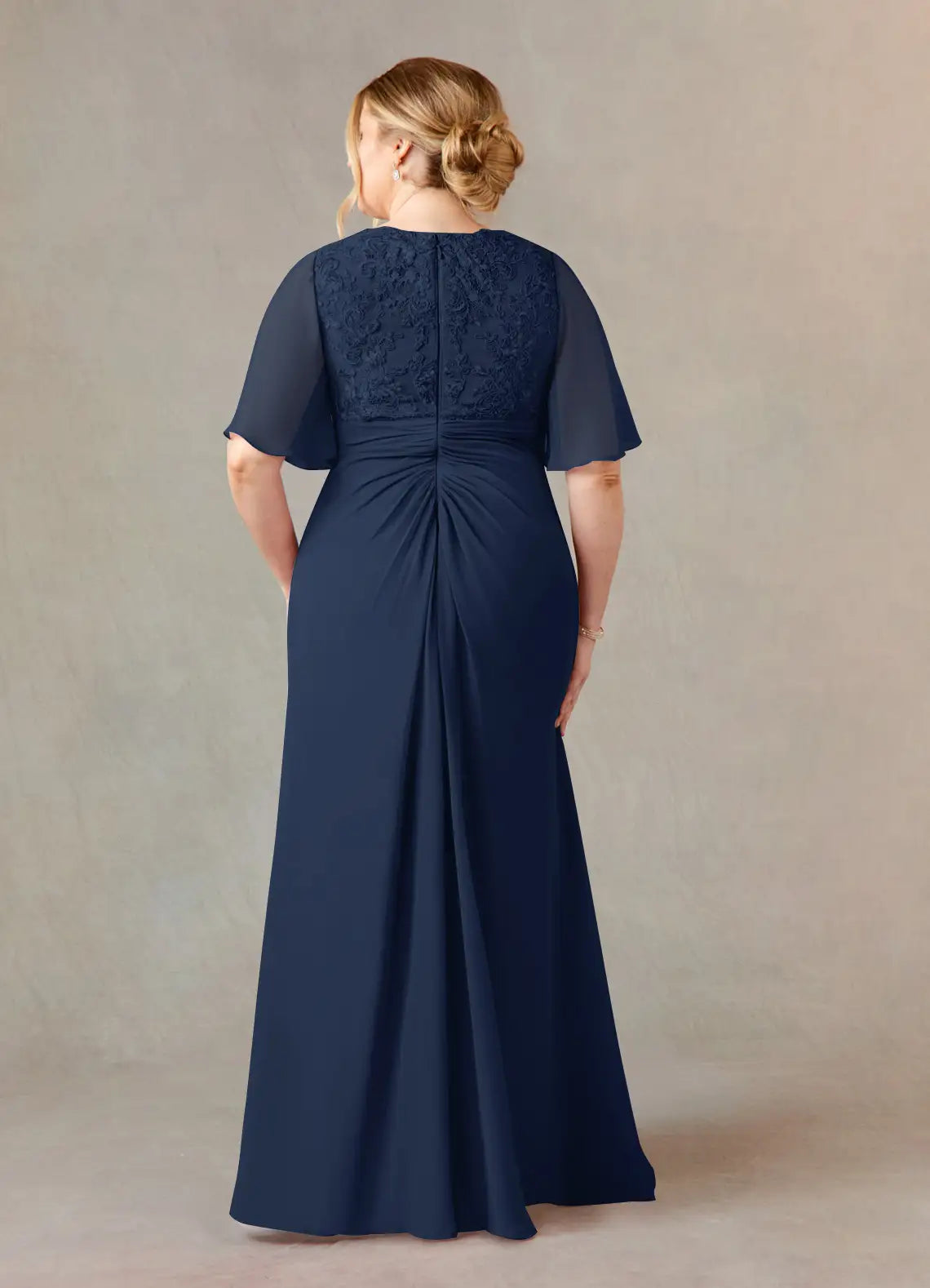 Navy Dress Dark A-Line V-Neck Dress Floor-Length Flutter Sleeve Back Zip Pleated Plus Size Mother of the Bride Dress