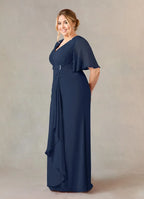 Navy Dress Dark A-Line V-Neck Dress Floor-Length Flutter Sleeve Back Zip Pleated Plus Size Mother of the Bride Dress