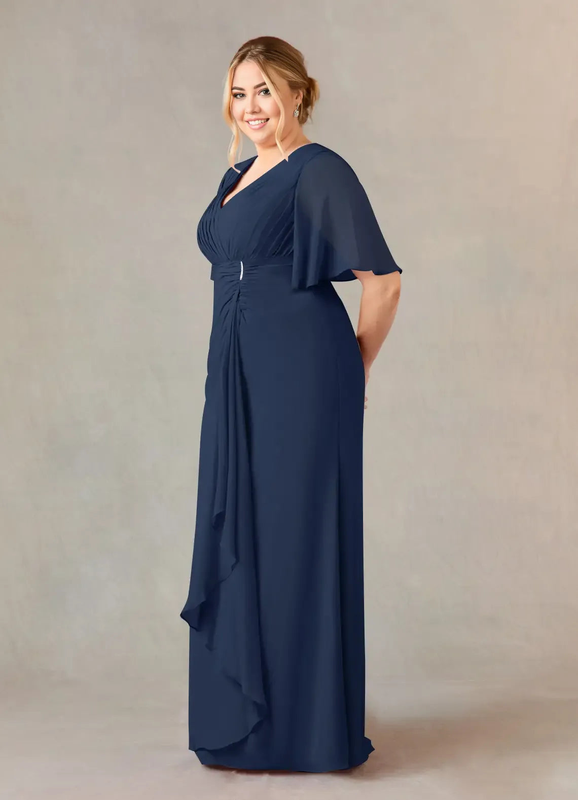 Navy Dress Dark A-Line V-Neck Dress Floor-Length Flutter Sleeve Back Zip Pleated Plus Size Mother of the Bride Dress