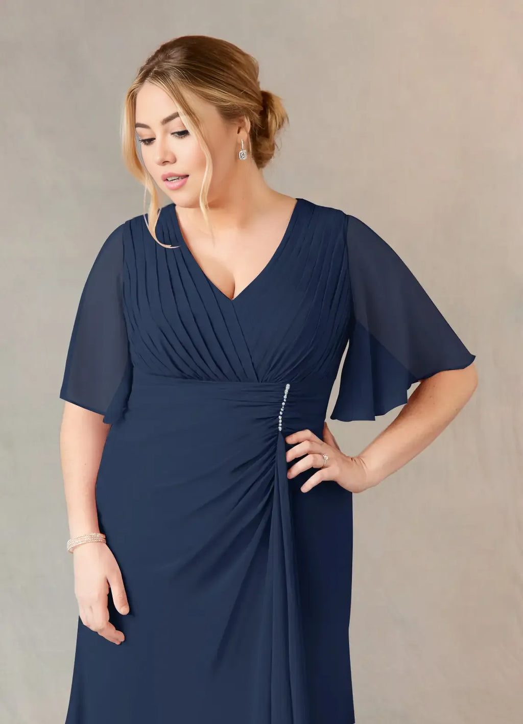 Navy Dress Dark A-Line V-Neck Dress Floor-Length Flutter Sleeve Back Zip Pleated Plus Size Mother of the Bride Dress