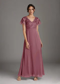 Dress Elegant Vintage Mauve A-Line V-Neck Dress Floor-Length Flutter Sleeve Scoop Back Mother of the Bride Dress