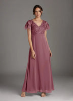 Dress Elegant Vintage Mauve A-Line V-Neck Dress Floor-Length Flutter Sleeve Scoop Back Mother of the Bride Dress