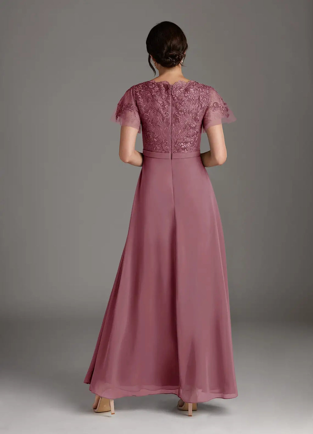 Dress Elegant Vintage Mauve A-Line V-Neck Dress Floor-Length Flutter Sleeve Scoop Back Mother of the Bride Dress