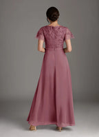Dress Elegant Vintage Mauve A-Line V-Neck Dress Floor-Length Flutter Sleeve Scoop Back Mother of the Bride Dress