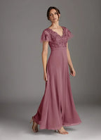 Dress Elegant Vintage Mauve A-Line V-Neck Dress Floor-Length Flutter Sleeve Scoop Back Mother of the Bride Dress