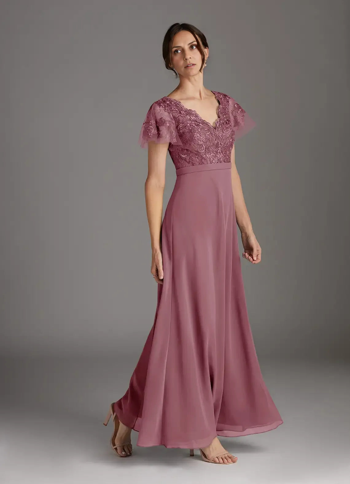 Dress Elegant Vintage Mauve A-Line V-Neck Dress Floor-Length Flutter Sleeve Scoop Back Mother of the Bride Dress