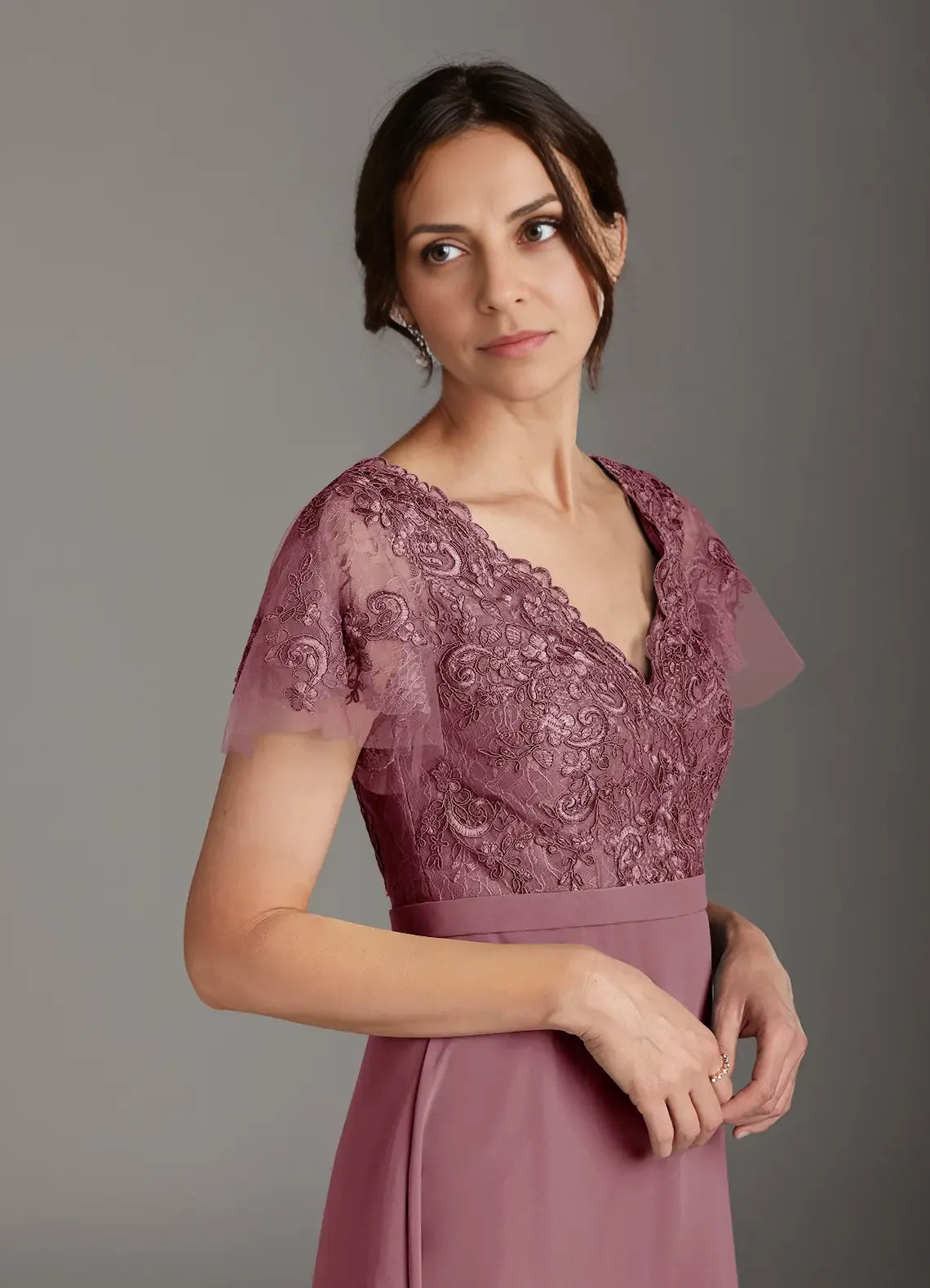 Dress Elegant Vintage Mauve A-Line V-Neck Dress Floor-Length Flutter Sleeve Scoop Back Mother of the Bride Dress