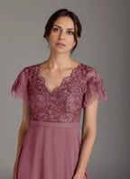 Dress Elegant Vintage Mauve A-Line V-Neck Dress Floor-Length Flutter Sleeve Scoop Back Mother of the Bride Dress