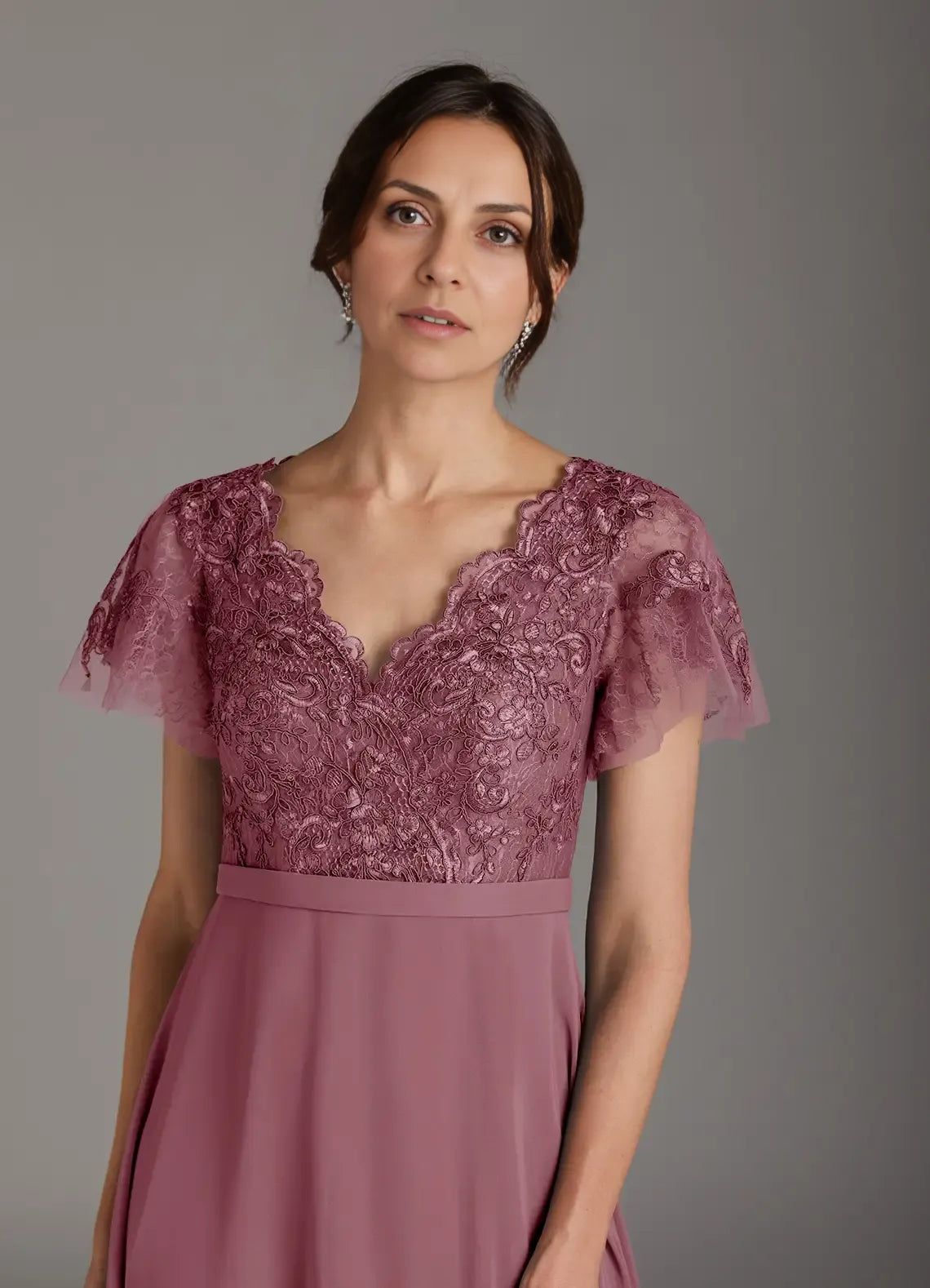Dress Elegant Vintage Mauve A-Line V-Neck Dress Floor-Length Flutter Sleeve Scoop Back Mother of the Bride Dress