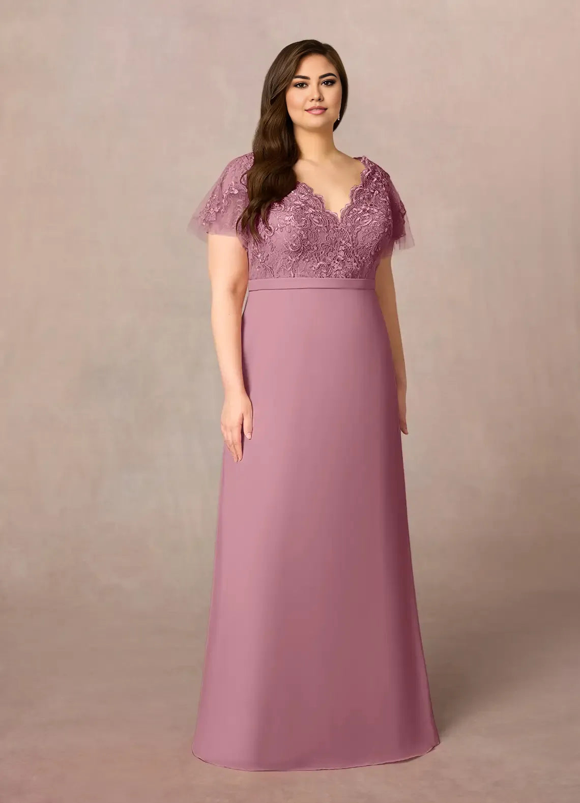 Dress Elegant Vintage Mauve A-Line V-Neck Plus Size Mother Of The Bride Dress Floor-Length Flutter Sleeve Scoop Back Mother of the Bride Dress
