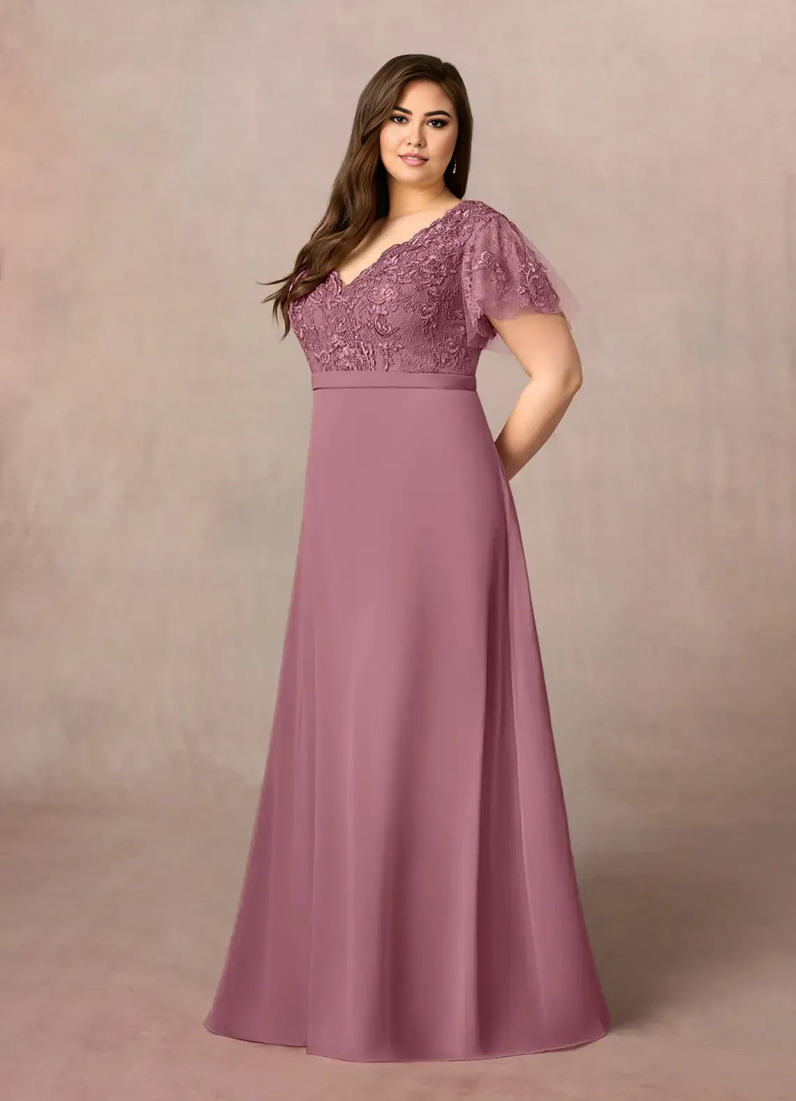 Dress Elegant Vintage Mauve A-Line V-Neck Plus Size Mother Of The Bride Dress Floor-Length Flutter Sleeve Scoop Back Mother of the Bride Dress