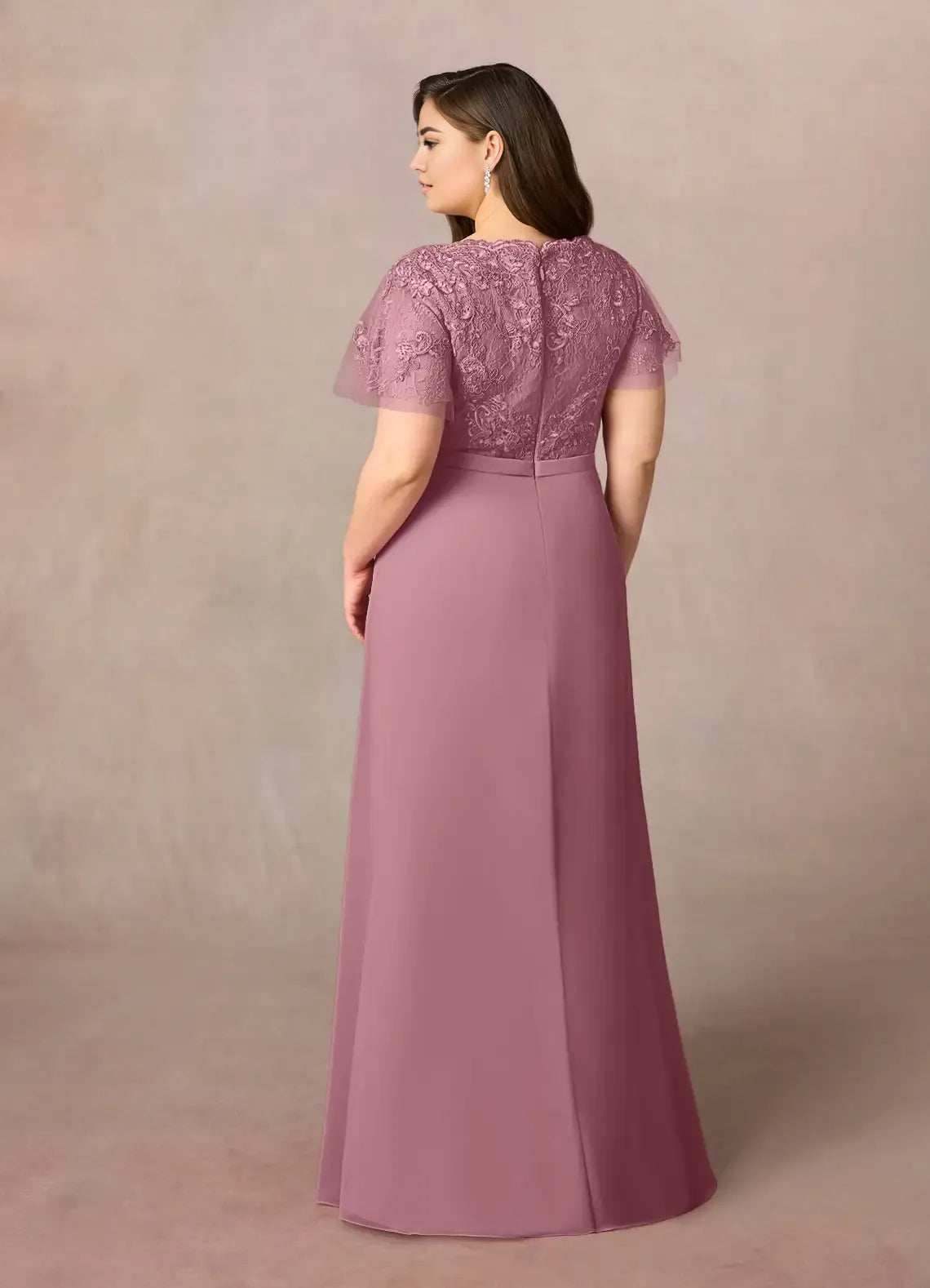 Dress Elegant Vintage Mauve A-Line V-Neck Plus Size Mother Of The Bride Dress Floor-Length Flutter Sleeve Scoop Back Mother of the Bride Dress