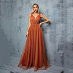A-Line V-Neck Pleated Beaded Chiffon Tulle Orange Floor Length Prom Dress
