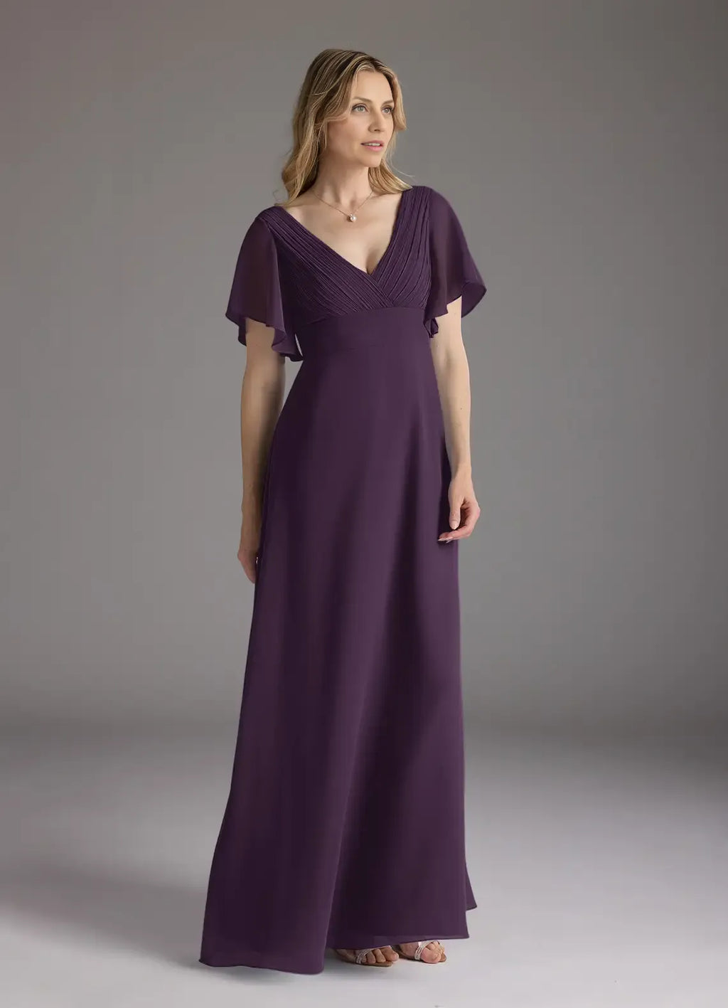 Plum A-Line V-Neck Pleated Floor-Length Dress Flutter Sleeve Solid Color Simple V-Neck Back Zip Mother of the Bride Dress
