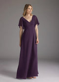 Plum A-Line V-Neck Pleated Floor-Length Dress Flutter Sleeve Solid Color Simple V-Neck Back Zip Mother of the Bride Dress