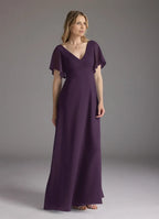 Plum A-Line V-Neck Pleated Floor-Length Dress Flutter Sleeve Solid Color Simple V-Neck Back Zip Mother of the Bride Dress