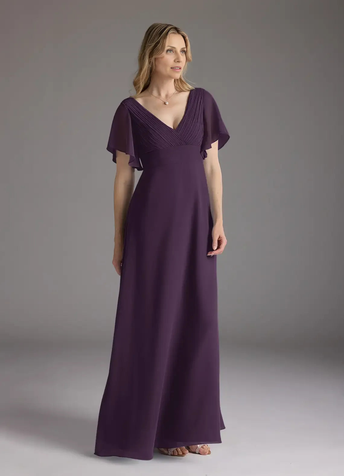 Plum A-Line V-Neck Pleated Floor-Length Dress Flutter Sleeve Solid Color Simple V-Neck Back Zip Mother of the Bride Dress
