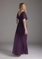 Plum A-Line V-Neck Pleated Floor-Length Dress Flutter Sleeve Solid Color Simple V-Neck Back Zip Mother of the Bride Dress