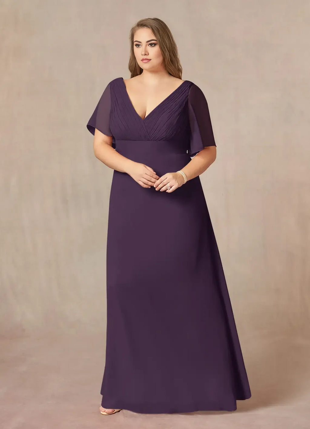 Plum A-Line V-Neck Pleated Floor-Length Dress Flutter Sleeve Solid Color Simple V-Neck Back Zip Plus Size Mother of the Bride Dress