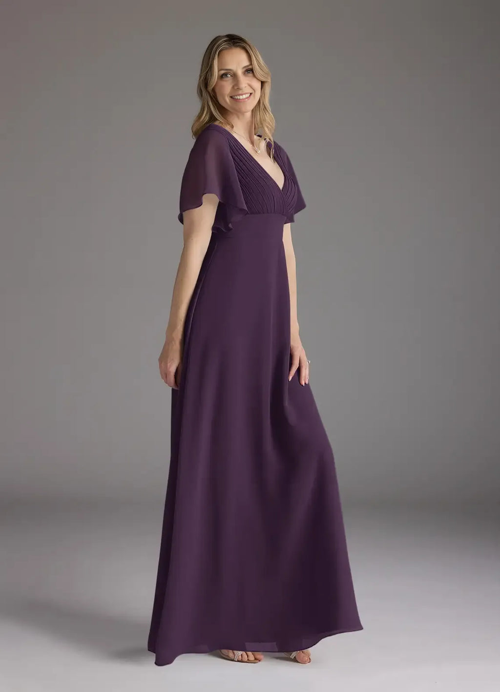 Plum A-Line V-Neck Pleated Floor-Length Dress Flutter Sleeve Solid Color Simple V-Neck Back Zip Mother of the Bride Dress