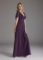 Plum A-Line V-Neck Pleated Floor-Length Dress Flutter Sleeve Solid Color Simple V-Neck Back Zip Mother of the Bride Dress